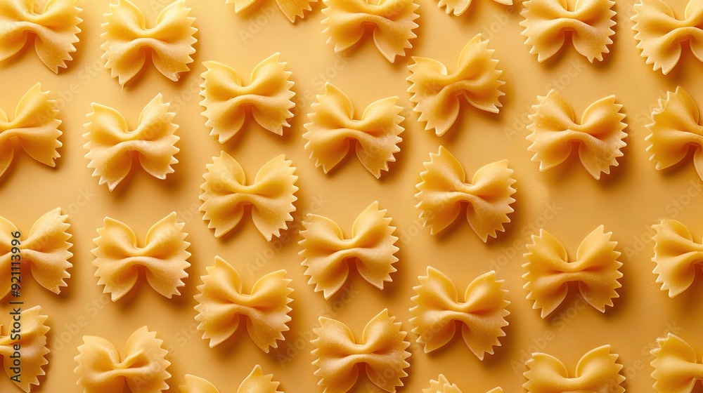   A close-up of a plate of pasta with bow-shaped noodles on a yellow surface, featuring a pattern of smaller bow-shaped noodles on the side