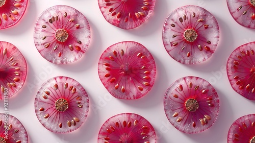   Close-up of cut-up flowers on white surface with water droplets on flower petals photo