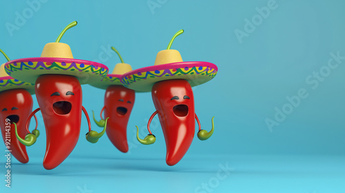 3D cartoon red chili pepper wearing a sombrero hat