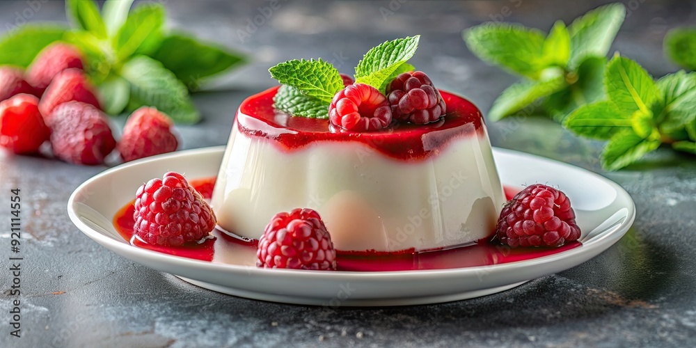 Creamy panna cotta topped with tangy raspberry sauce and fresh mint leaves, panna cotta, raspberry, mint, dessert