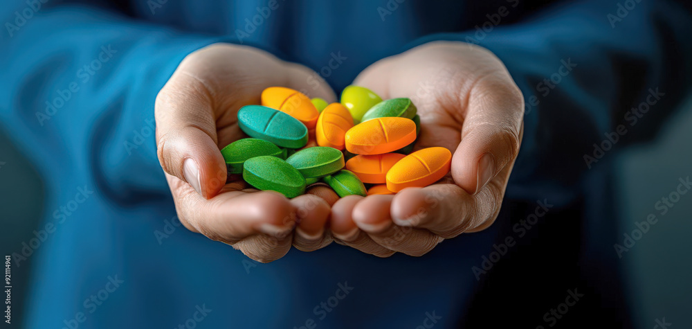 Hands holding colorful medication capsules, showcasing vibrant greens, oranges, and blues, representing health and wellness. Hands holding colorful medication capsules, showcasing vibrant greens, oranges, and blues, representing health and wellness.