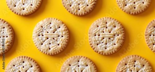 Close up shot of a pattern of round cookies with a white filling against a yellow background. photo