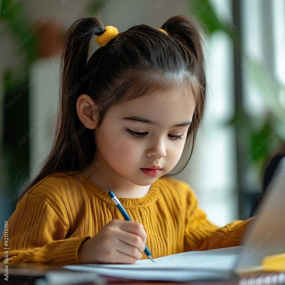 Young girl taking notes during an online class, child, learning, habits Young girl taking notes during an online class, child, learning, habits