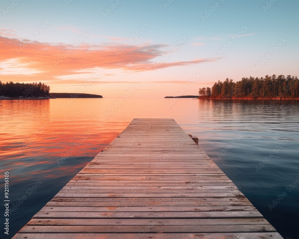 Obraz premium A serene wooden dock extends into a tranquil lake at sunset, reflecting vibrant colors.