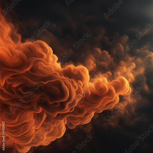 Abstract dark background with billowing orange smoke, realistic, 3D