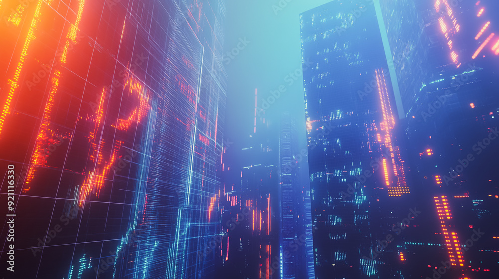 Fototapeta premium Smart digital city with connection network that is at the cutting edge of innovation in technology and business with bright, modern skyscrapers. Backgrounds for technology and charts and graphs