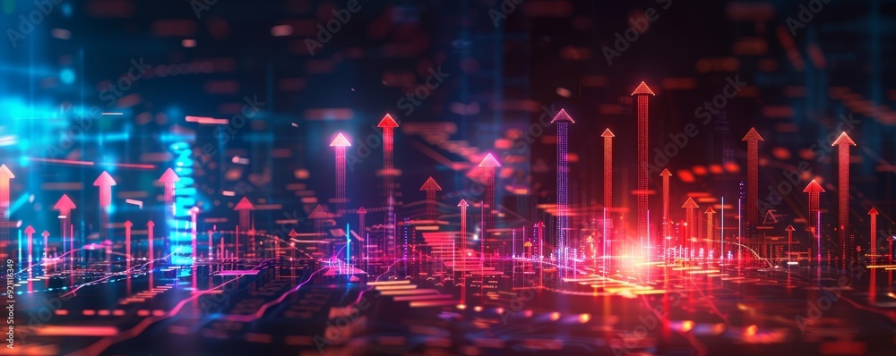 Obraz premium Financial Growth Concept with Upward Arrows and Candlestick Chart Background
