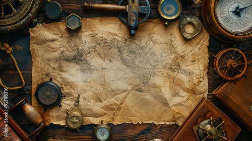 Vintage Nautical Treasures: A World Map Surrounded by Antique Compass, Sextant, Wheel and Other Navigation Tools