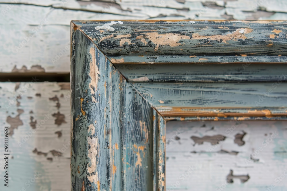 Close-up of a weathered wooden frame, featuring significant paint peeling and a vintage aesthetic, A frame with a weathered patina for an aged, antique look, AI generated Close-up of a weathered wooden frame, featuring significant paint peeling and a vintage aesthetic, A frame with a weathered patina for an aged, antique look, AI generated