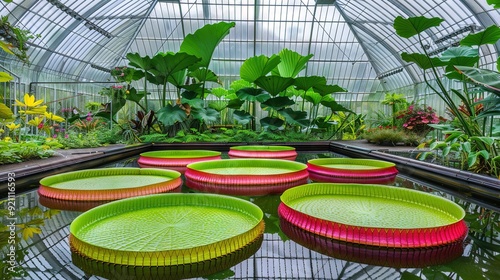  A verdant garden brimming with lush greenery and colorful ceramic plates atop a serene water pool photo