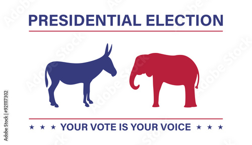 Election 2024 banner. USA 2024 vote. Democrats and republicans animalistic symbols: donkey and elephant. Presidential election campaign. Flat vector illustration
