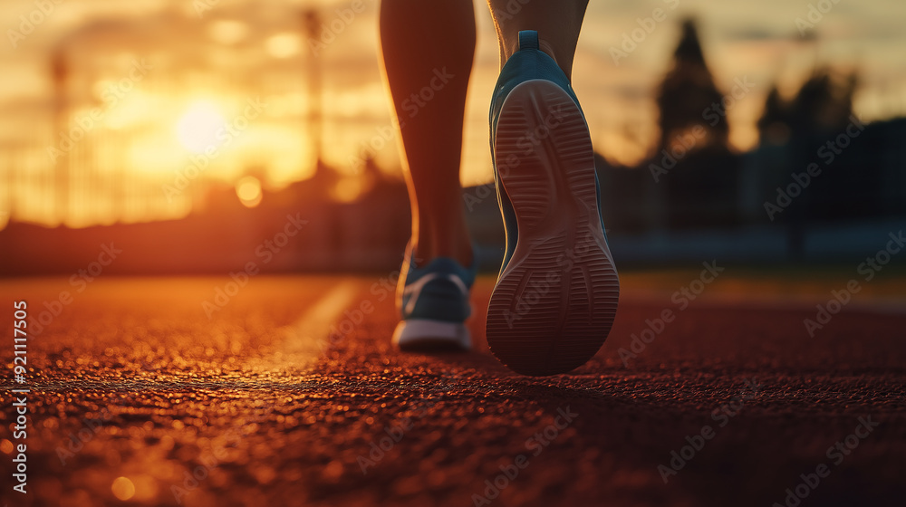 Close-Up of Athletic Runner’s Running Shoe on Stadium Track at Sunset, Preparing for Sports Competition and Olympic Games Close-Up of Athletic Runner’s Running Shoe on Stadium Track at Sunset, Preparing for Sports Competition and Olympic Games
