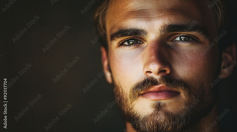 Intense Gaze: A close-up portrait of a handsome young man, his piercing blue eyes and determined expression illuminated by a warm light, against a dark background. Intense Gaze: A close-up portrait of a handsome young man, his piercing blue eyes and determined expression illuminated by a warm light, against a dark background.