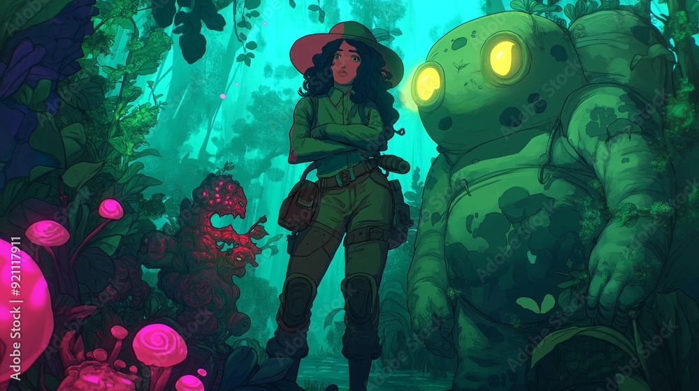 Female forest ranger stands confidently with a friendly creature in a ...