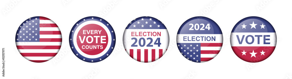 Election 2024 round badges set with USA flag colors. American presidential election pins. Realistic vector illustration collection isolated on white background Election 2024 round badges set with USA flag colors. American presidential election pins. Realistic vector illustration collection isolated on white background