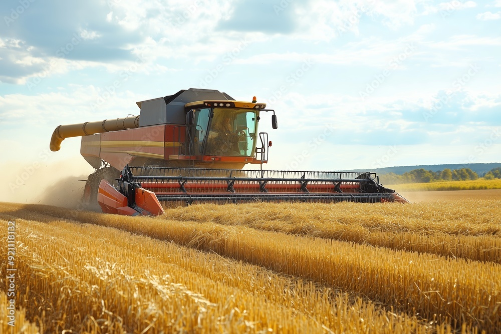 Fototapeta premium Harvesting wheat in a golden field with a modern combine near rolling hills on a sunny day