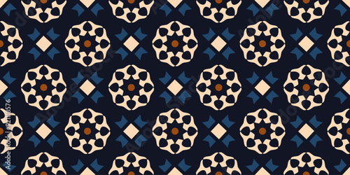Arabesque pattern octagonal medallions diamonds background. Oriental style round floral tiles modern colorful design. Scarf, dress, shirt textile fabric swatch. Easy to recolor all over print block.