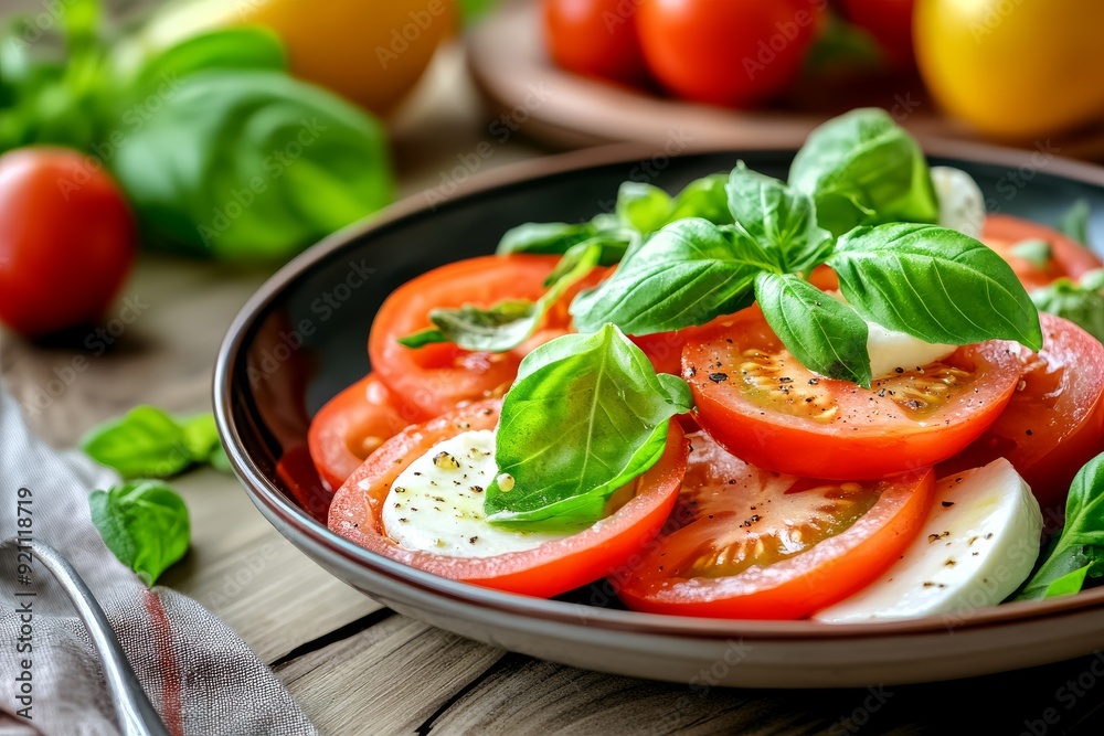 Simple tomato and mozzarella salad with basil leaves on a plate Simple tomato and mozzarella salad with basil leaves on a plate