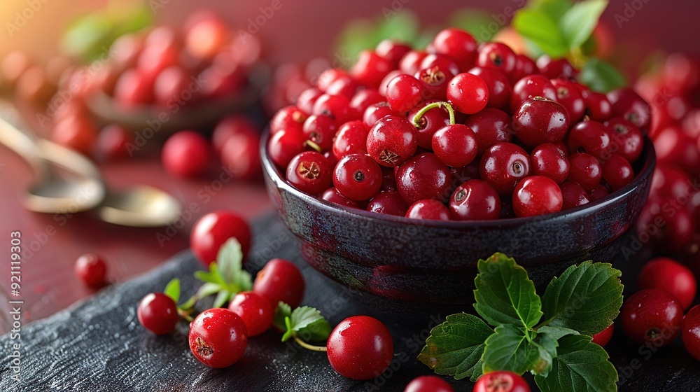 Cranberry close-up on a table with surrounding berries Cranberry close-up on a table with surrounding berries
