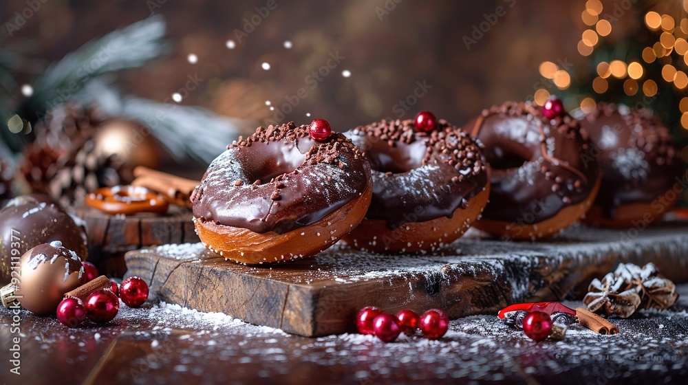 A wooden cutting board with frosting and sprinkles holds a cluster of donuts A wooden cutting board with frosting and sprinkles holds a cluster of donuts