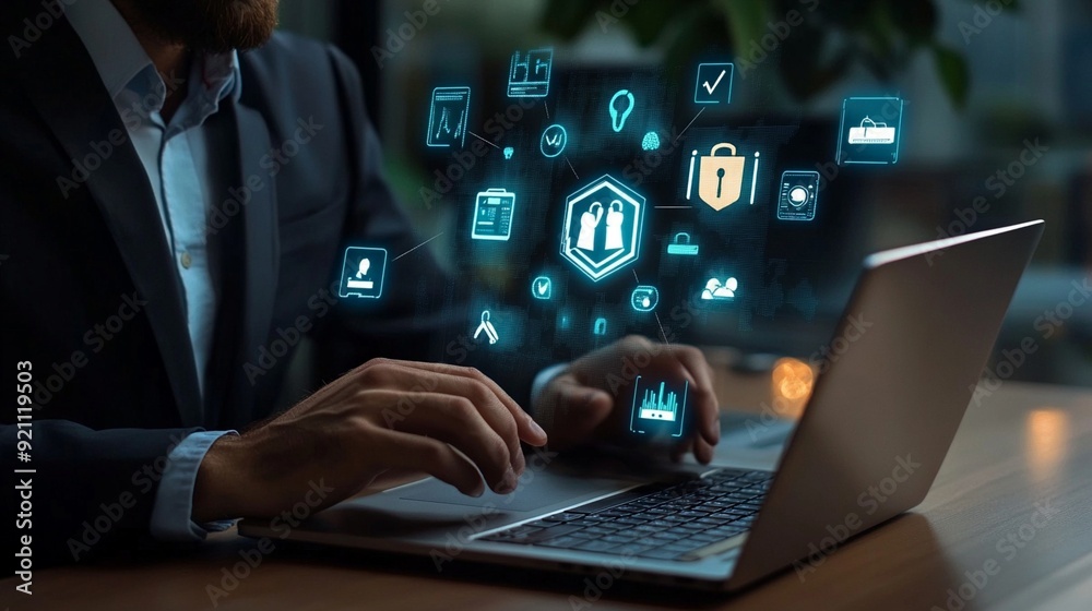 Businessman using laptop with glowing digital icons floating above, showcasing modern technology integration in corporate environments at night. Businessman using laptop with glowing digital icons floating above, showcasing modern technology integration in corporate environments at night.