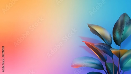 Tropical plants and leaves on a colorful gradient background