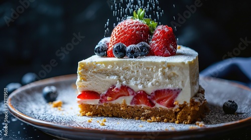  A beautifully presented slice of cheesecake topped with juicy strawberries and vibrant blueberries