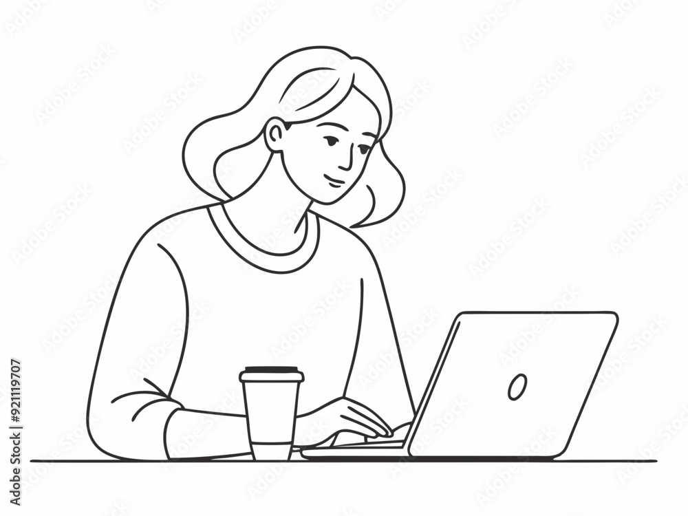 continuous single line drawing of woman using laptop computer, line art vector illustration
continuous single line drawing of woman using laptop computer, line art vector illustration