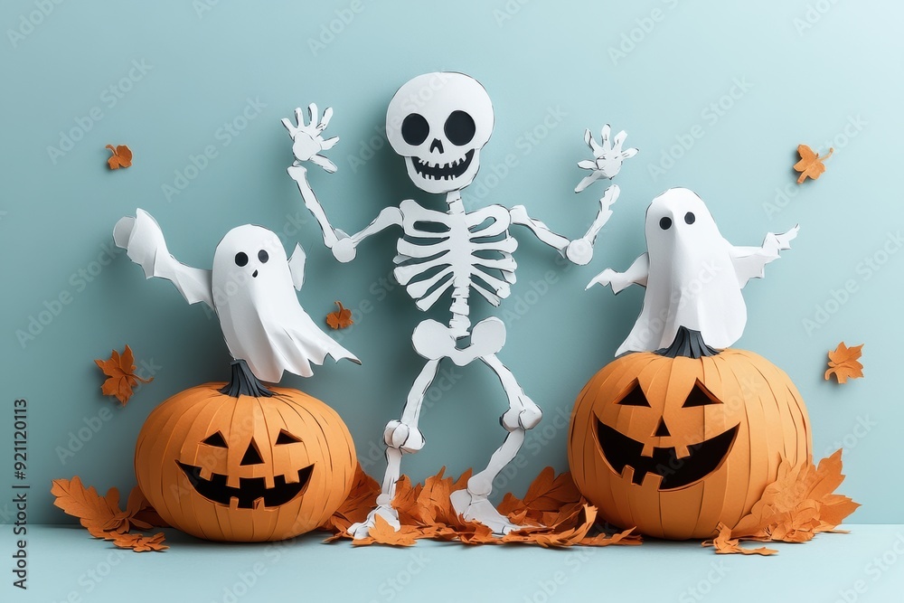 Stylish Paper Art Dancing Skeleton with Pumpkin and Ghost Stylish Paper Art Dancing Skeleton with Pumpkin and Ghost