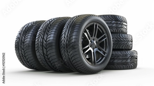 A set of summer tires with alloy wheels, stacked neatly against a clean white background, detailed, sleek, ideal for automotive promotions or tire advertisements.