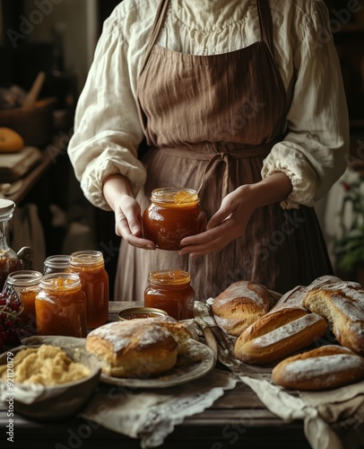 Artisan Jam Preparation in Rustic Kitchen Setting with Fresh Bread and Ingredients. photo