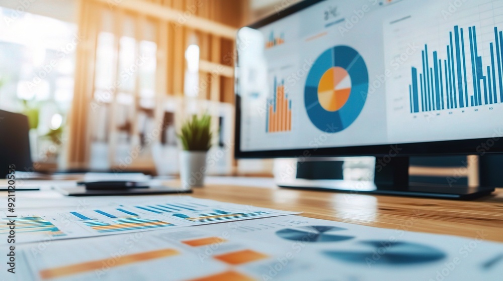 Modern Office Data Analysis: A close-up shot of a sleek desktop ...