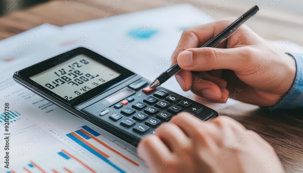 Close-up of a hand using a calculator to analyze financial data on a report, showcasing productivity and focus in business. Close-up of a hand using a calculator to analyze financial data on a report, showcasing productivity and focus in business.