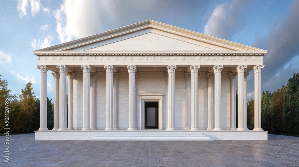 Fototapeta premium A majestic classical temple with grand columns, surrounded by nature under a dramatic sky. Ideal for architectural and historical themes.