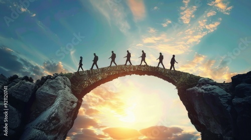 A picturesque scene of six people crossing a stone bridge at sunset, each dressed uniquely. The warm light and colorful clouds add to the dreamy atmosphere.