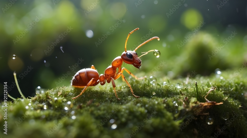 An ant close to the moss bubbles An ant close to the moss bubbles