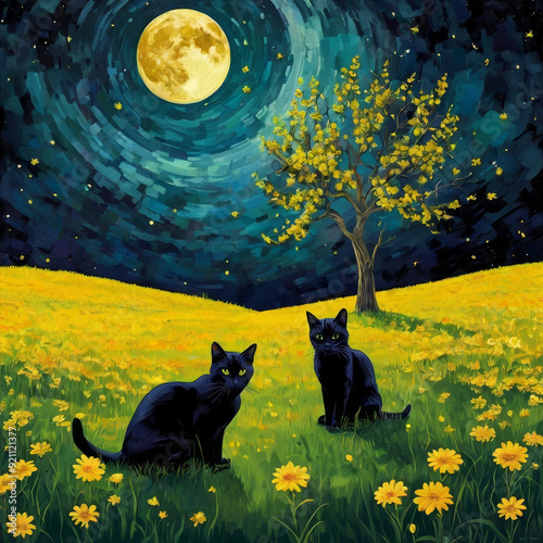 A cute black cat silhouette on a moonlit meadow under a starry night sky with a hint of Halloween vibe photo