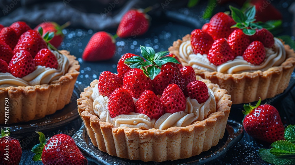 Close-up of two tarts with strawberries on top, the rest below Close-up of two tarts with strawberries on top, the rest below