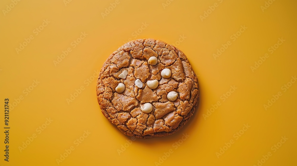 A chocolate chip cookie with white chocolate chips on a yellow background with a bite taken out of one of the cookies A chocolate chip cookie with white chocolate chips on a yellow background with a bite taken out of one of the cookies