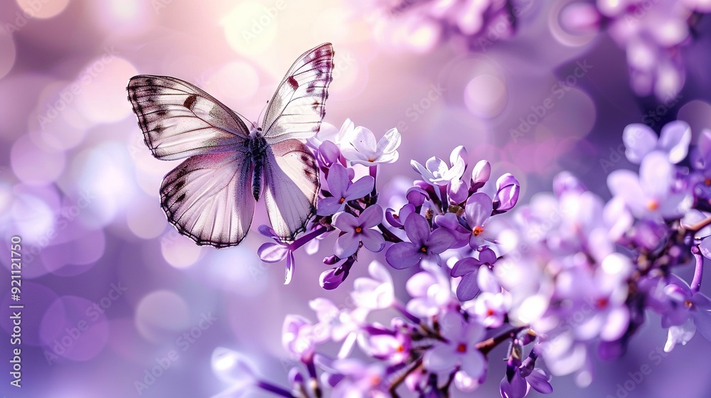 A close-up of a butterfly on a purple flower with a blurred background and boke of light in the background A close-up of a butterfly on a purple flower with a blurred background and boke of light in the background