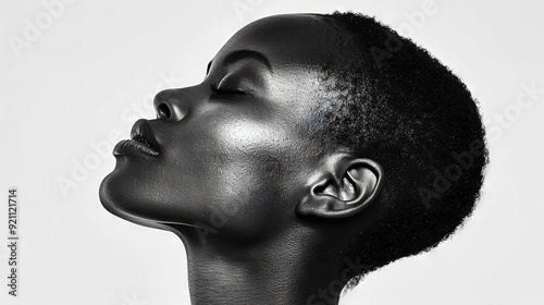  Black-and-white photo of a woman's face with eyes closed and hair in a bun