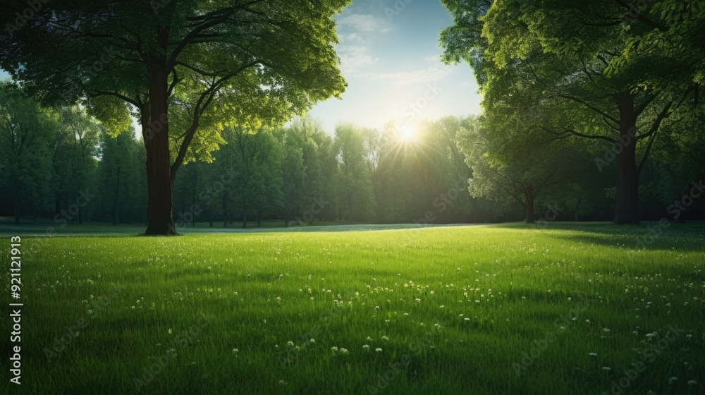 Obraz premium A serene landscape with lush green grass, trees, and a sunrise illuminating the scene.
