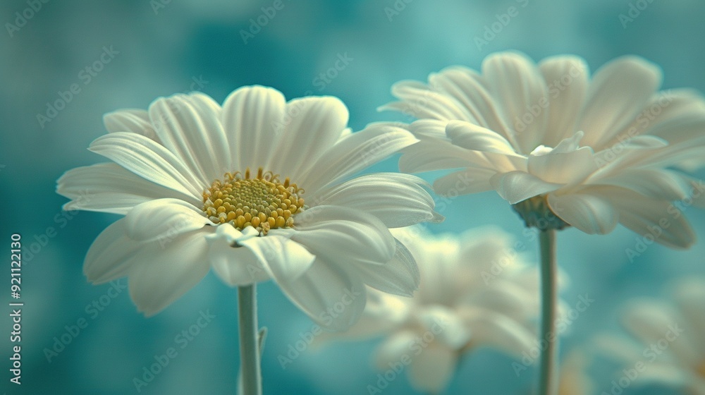 White flowers sit on blue table; adjacent white vase, yellow center White flowers sit on blue table; adjacent white vase, yellow center