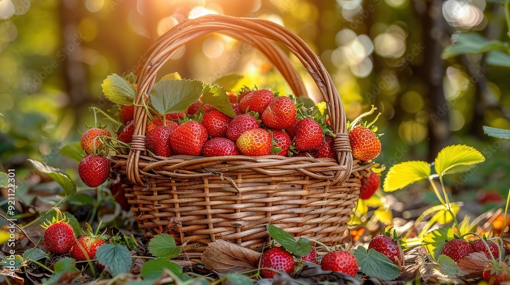 A basket brimming with strawberries, nestled on the ground beneath a sunlit canopy of trees A basket brimming with strawberries, nestled on the ground beneath a sunlit canopy of trees