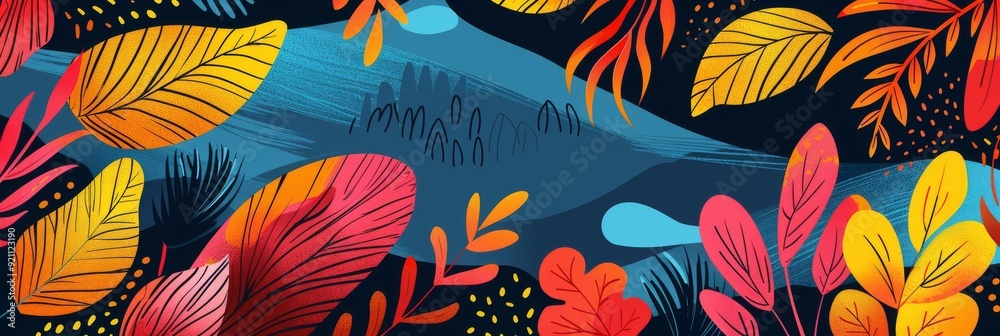 This vibrant illustration features bright leaves by a serene river, ideal for nature themes and aesthetics This vibrant illustration features bright leaves by a serene river, ideal for nature themes and aesthetics