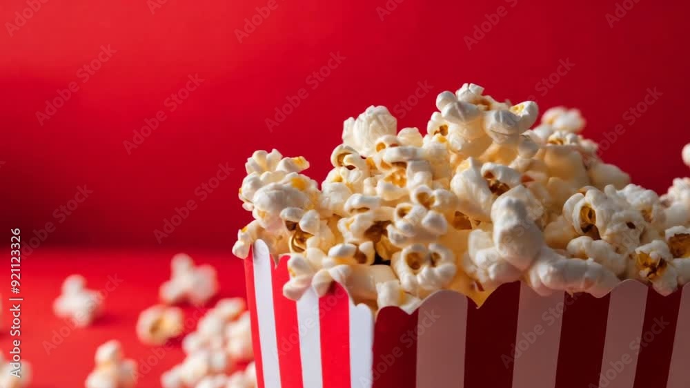 Delicious popcorn scattering from a red striped carton box on a bright background with copy space