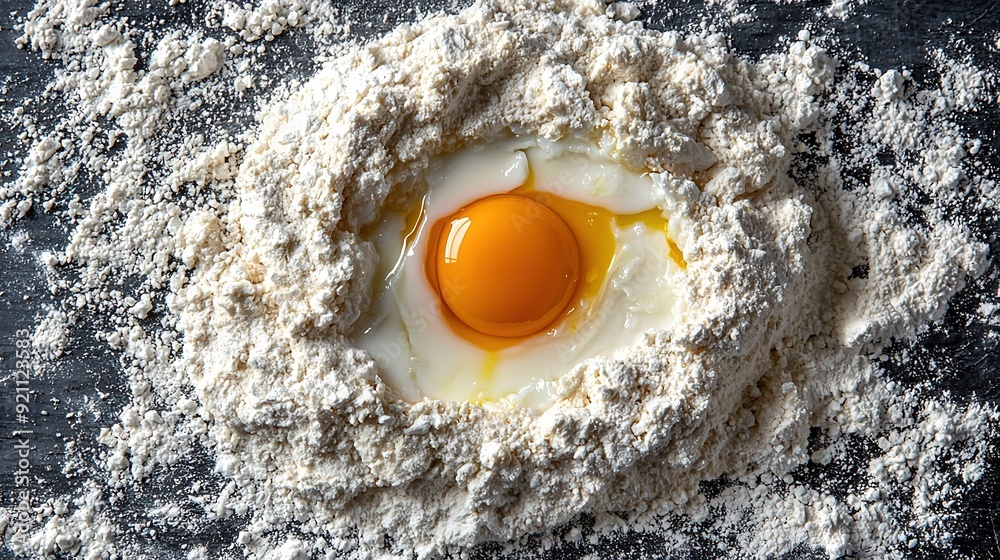 A brown egg is atop a pile of flour on a black surface, while an egg lies in the center of the top of the pile A brown egg is atop a pile of flour on a black surface, while an egg lies in the center of the top of the pile