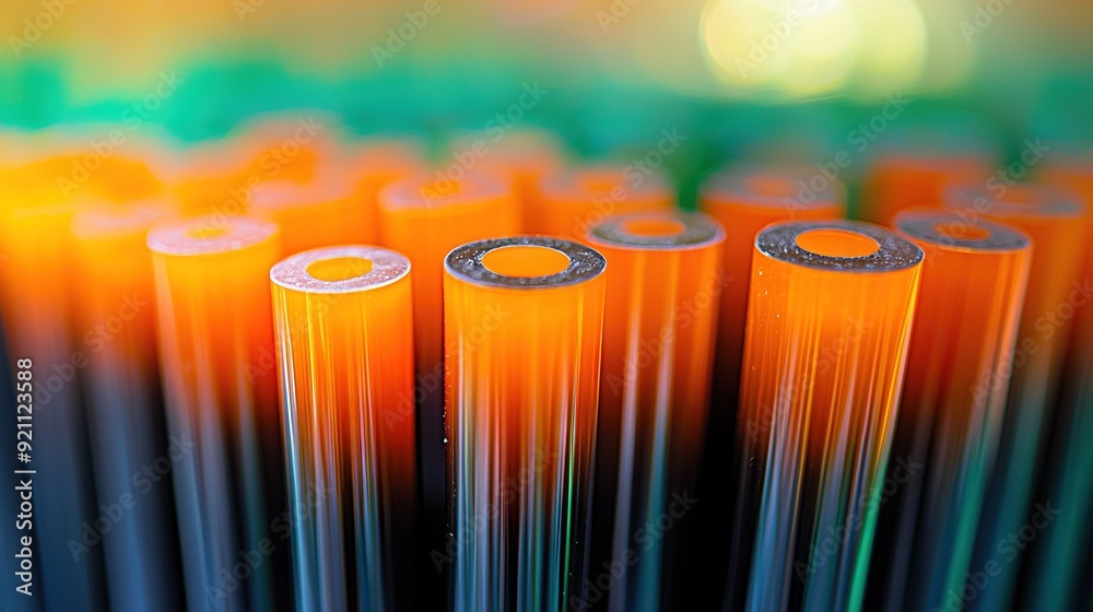 A clear close-up of an array of orange and green plastic straws against a focused orange and green backdrop A clear close-up of an array of orange and green plastic straws against a focused orange and green backdrop