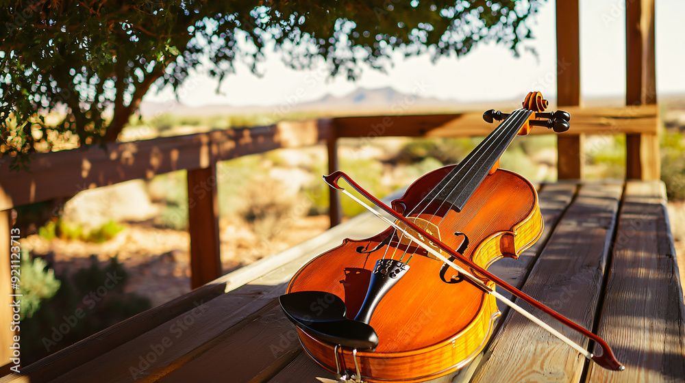 a fiddle on a wooden bench under a shaded area of a country porch, country music instrument a fiddle on a wooden bench under a shaded area of a country porch, country music instrument