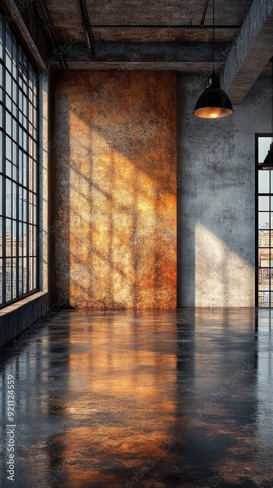 Industrial-style interior with large windows, concrete empty walls, and reflective floors, creating a modern, open, and sunlit space. Industrial-style interior with large windows, concrete empty walls, and reflective floors, creating a modern, open, and sunlit space.